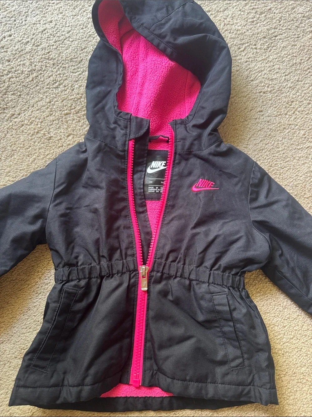 Nike Baby Girls 12M Black Hot Pink Fleece Lined Hooded Jacket Coat